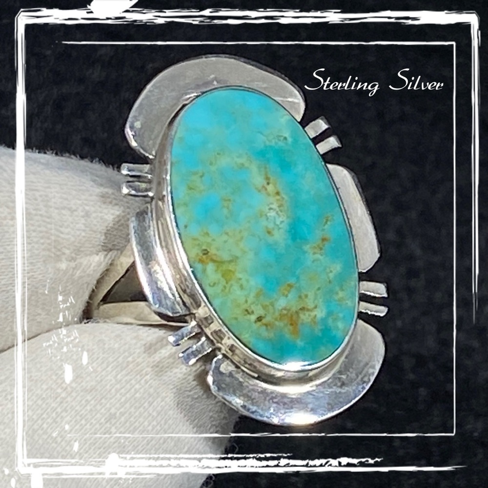 Signed-SM, Sterling Silver Royston Turquoise Adjustable Ring Size 8